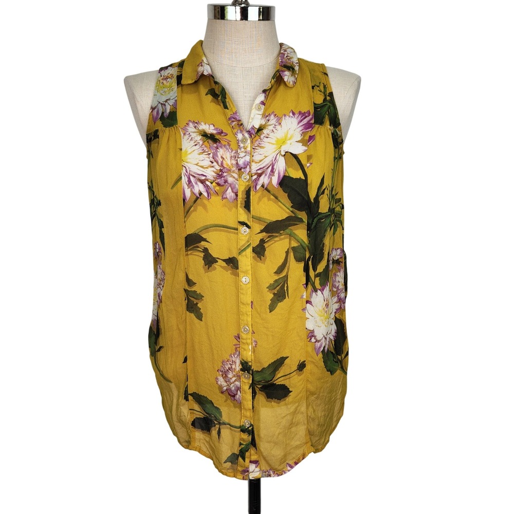 Maeve Anthropologie Yellow Floral Duchess Sleeveless Button Down Blouse Top 8